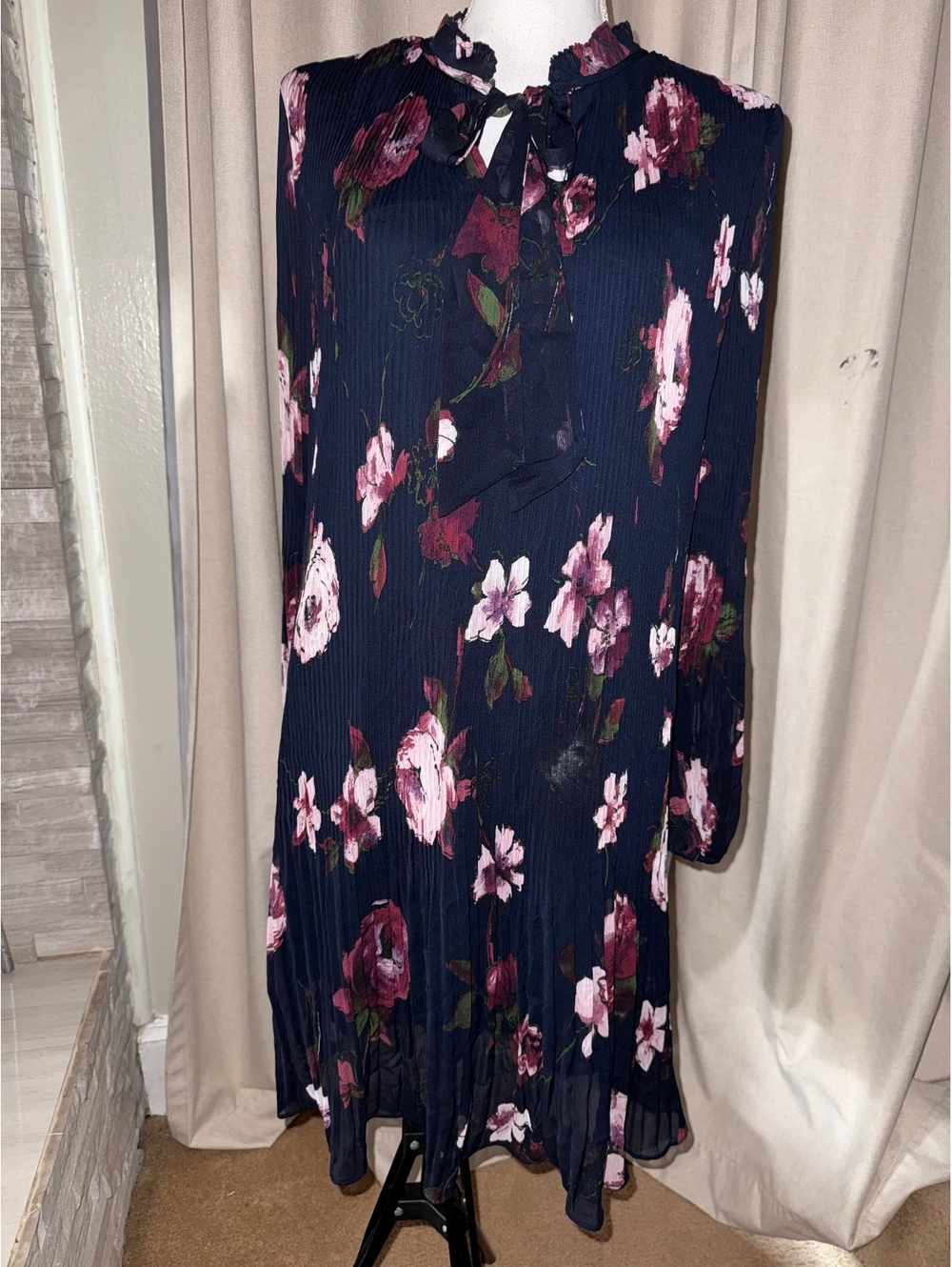 DKNY Navy Floral Pleated  Dress